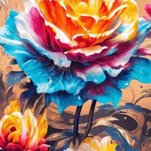 a close up of a painting of a flower with a blue center