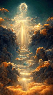 a painting of a stairway to heaven with a cross in the foreground