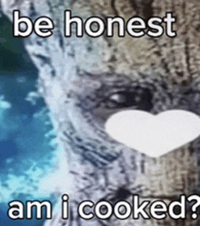 a picture of a tree with a heart in it and the words `` be honest am i cooked ''