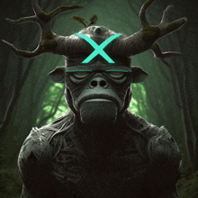 a statue of a gorilla with antlers and a blue x on his head