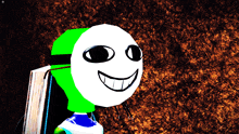 a cartoon character with a green head and a white face is smiling