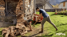 a man is using an axe to chop wood in front of a pile of logs and a sign that says imgplay