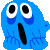 a blue cartoon ghost with big eyes and a surprised look on its face .