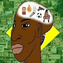 a drawing of a man 's head with a can of brahma in his brain