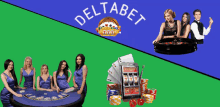 a group of people playing blackjack and a slot machine with the word deltabet on the bottom