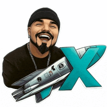 a man with a beard is holding a rocket and the letter x is behind him