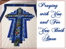 a quilt with a cross and the words praying with you and for you both amen on the bottom