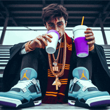 a man in a harry potter costume drinks from a cup