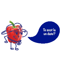 a red pepper is standing next to a speech bubble that says " te scot la un date "