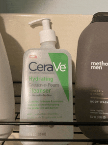 a bottle of cerave hydrating cream-to-foam cleanser sits next to a bottle of metho men body wash