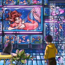 a drawing of a boy looking at a mermaid in an aquarium