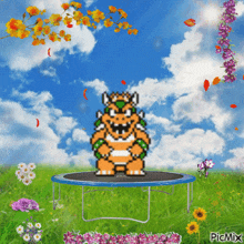 a pixel art of bowser on a trampoline