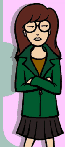 a cartoon girl with glasses and a green jacket is standing with her arms crossed