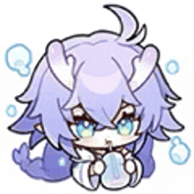 a cartoon of a girl with purple hair and horns holding a bottle of water .