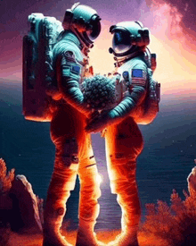 a couple of astronauts are standing next to each other holding flowers .