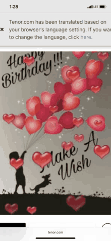 a screenshot of a birthday card with hearts and balloons