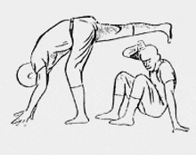 a black and white drawing of a man doing a handstand and a man sitting on the ground .