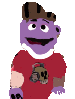 a purple cartoon character wearing a red shirt with a skull and headphones on it