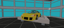 a yellow car is on display in a building