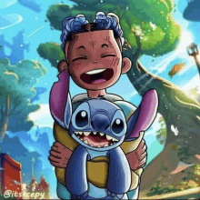 a boy is holding a stuffed animal that looks like stitch in his arms .