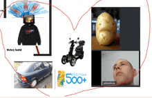 a picture of a potato a scooter and a car with a heart drawn around it