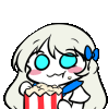 a cartoon girl is holding a box of popcorn and eating it .