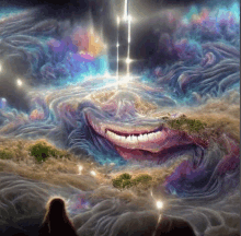 a painting of a smiling face in the middle of a landscape