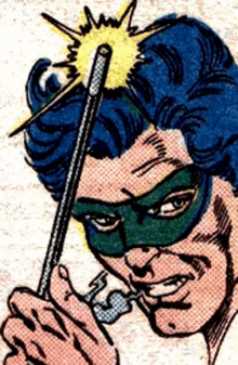 a cartoon of a man with a green mask holding a wand