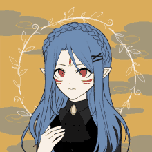 a drawing of a girl with blue hair and red eyes surrounded by leaves