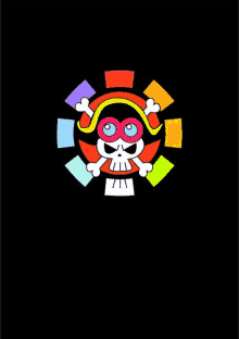 a colorful skull with a pirate hat and crossbones