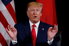 donald trump in front of an american flag with his hands up