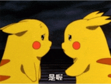 two pikachu looking at each other with chinese characters on the bottom