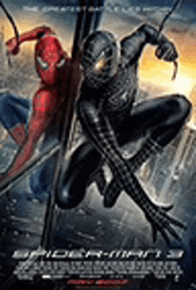 a poster for the movie spider-man 3 shows spider-man and black spider-man fighting each other .