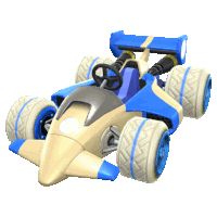 a blue and white toy car with a steering wheel on a white background