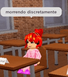 a girl with red hair is sitting at a desk in a classroom with a speech bubble .