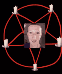 a picture of a man in a pentagram with candles around him