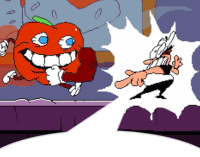 a pixel art drawing of a man and a smiling apple