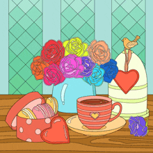 a drawing of flowers a cup of coffee and a heart shaped box