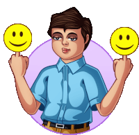 a man in a blue shirt is holding two smiley faces in his hands