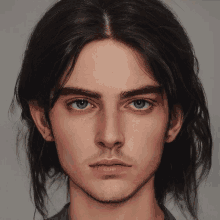 a close up of a man 's face with long hair