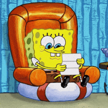 a cartoon of spongebob reading a book while sitting in a chair