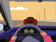 a cartoon of a person driving a car with a red car in the background