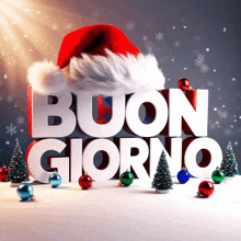 a santa hat sits on top of a sign that reads buon giorno