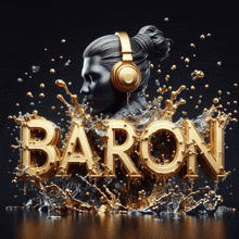 a statue of a woman wearing headphones with the word baron coming out of her head