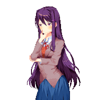 a girl with long purple hair is standing with her hand to her face