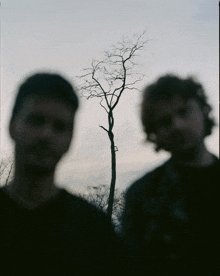 two men standing in front of a tree with a few branches