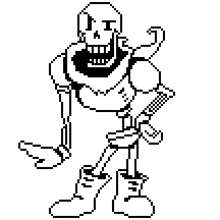 papyrus from undertale is holding a knife in his hand in a pixel art style .