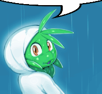 a cartoon drawing of a green frog with a white hood