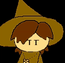 a pixel art drawing of a witch with the letter t visible