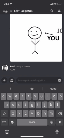 a phone screen shows a stick figure with a smiley face and the words you